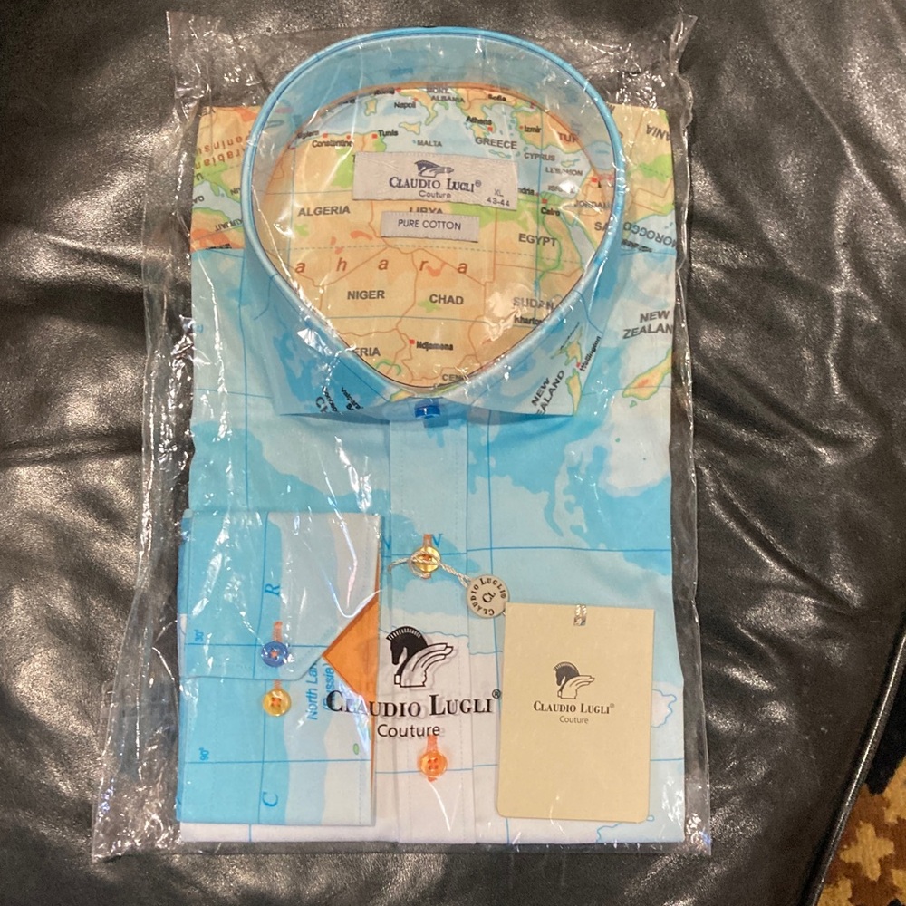 World Map Print Long Sleeve Shirt - Blue